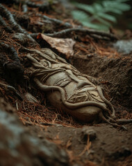 Fototapeta premium Clay body, partially buried, is embraced by intertwined roots on forest floor, giving sense of forgotten history and peaceful integration