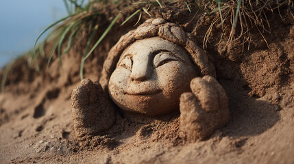 Obraz premium Clay guardian is half buried in sand dunes, feeling peace and serenity, as nature embraces sculpture with its gentle touch