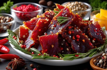 Delicious and Flavorful Beef Jerky Stacks on a White Plate Surrounded by Spices, Herbs, and Peppers for Culinary Inspiration and Gourmet Snack Ideas