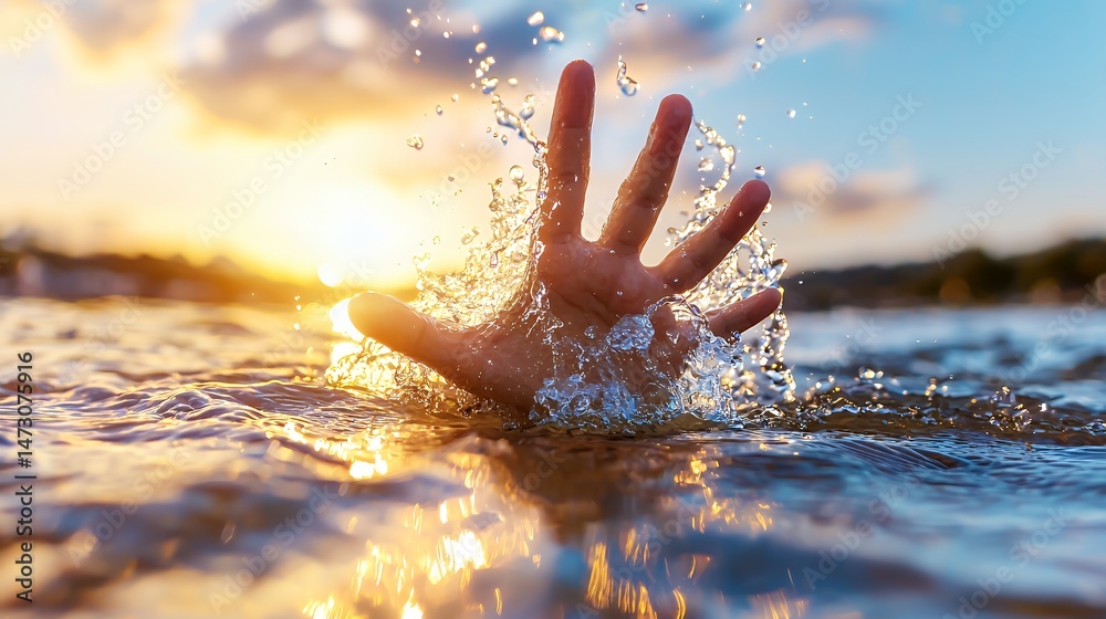 Wall mural hand reaching out of water at sunset with splashes capturing the light and movement creating a vivid