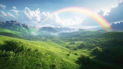 Majestic mountain range, lush green valleys, vibrant rainbow