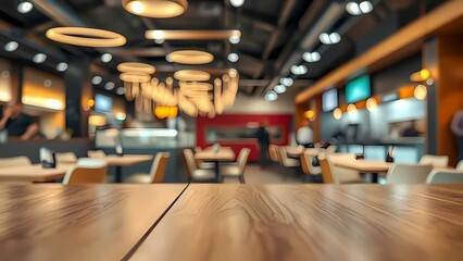 Empty wooden table in a shopping mall with blurred background of cafes, people, and lights