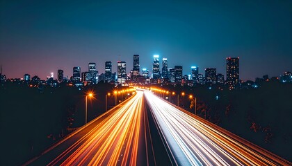 Fototapeta premium Night cityscape with light trails on a highway leading to a skyline.