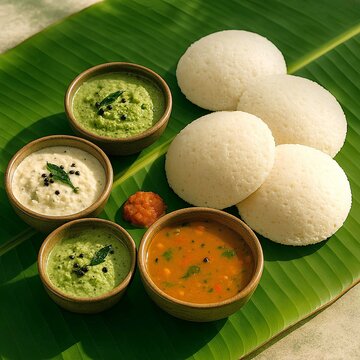South Indian breakfast featuring idly served on a banana leaf with green, red and white chutney and sambar served hot