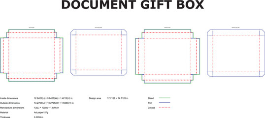 Detailed vector illustration of document gift box template for packaging design and construction with various dimensions displayed