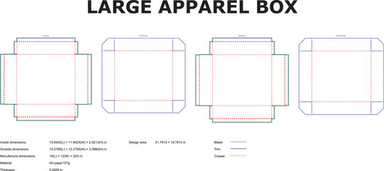 Detailed technical vector illustration showcasing apparel box die cut template with dimensions for clothing packaging purposes