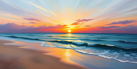 sunset on beach art oil painting