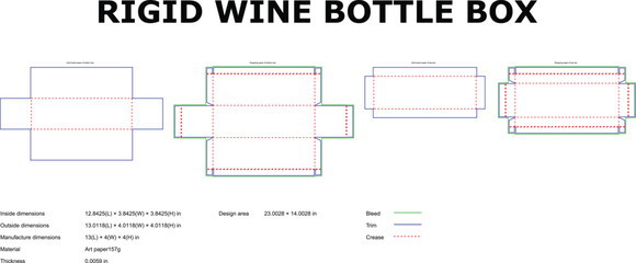 Detailed vector illustration featuring the blueprint of a rigid wine bottle box showcasing dimensions and design elements.