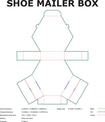 Detailed technical illustration of a shoe mailer box template with measurements and design specifications for packaging.