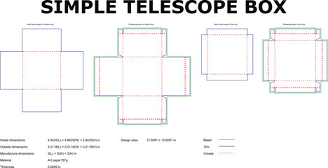 Simple telescope box template showing dimensions and construction for packaging design and manufacturing purpose