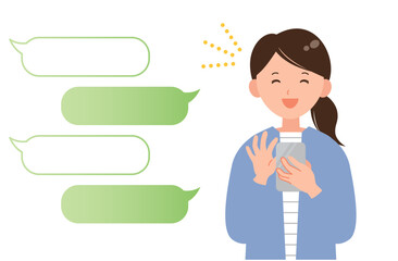 スマホでメッセージを送る笑顔の女性イラスト