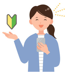 スマホを手に持ち笑う初心者の女性イラスト