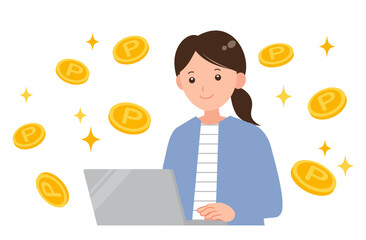 ポイ活でポイントがたくさん貯まった女性のイラスト
