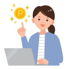 ノートPCでポイ活をする笑顔の女性イラスト