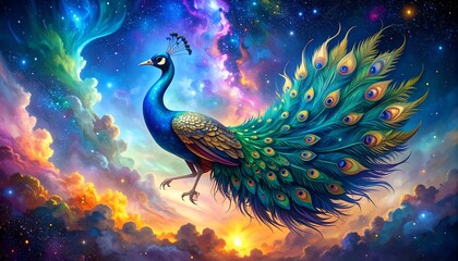 Fototapeta premium Majestic peacock in vibrant cosmic sunset. A fantasy artwork featuring a peacock with its tail feathers spread wide, soaring through a colorful nebula.