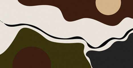 Abstract wallpaper design with organic shapes in brown, olive green, cream and dark gray overlapping and interacting on a textured beige background.