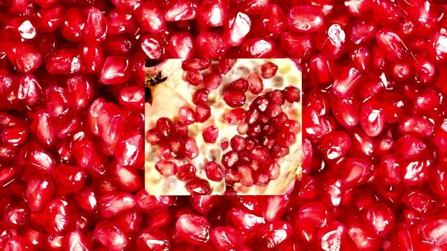 Close-up view of numerous pomegranate arils with a square-shaped cutout