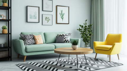 Light green sofa, yellow armchair, wooden coffee table, gallery wall, and patterned rug in a modern living room