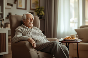 Handsome hispanic senior man is sitting in a comfortable armchair in a cozy room of a boarding house for the elderly