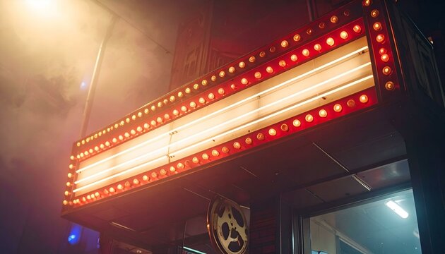 Glowing marquee sign at night.  Perfect for film, theater, cinema, or entertainment themes.