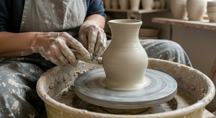 Hands shaping clay vase on potter's wheel