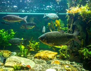 Vibrant underwater scene showcasing diverse fish species swimming amidst lush aquatic plants and rocks in a fish tank.
