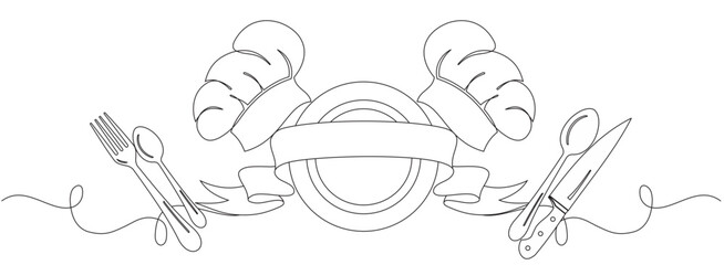 chef hat and cutlery in one continuous line vector for logo banner and others