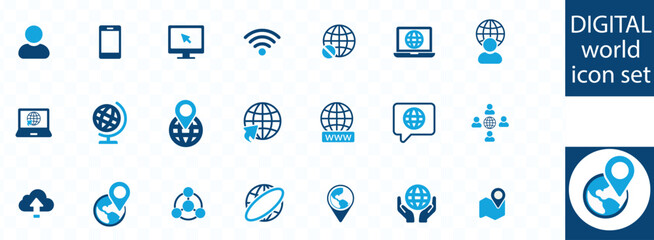 Global communication icon set. Communicate worldwide with people concept. International network with talking person symbol. Vector illustration
