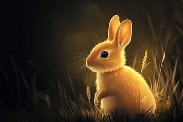 Obraz premium A fluffy golden rabbit sits gracefully in a dark meadow, illuminated by soft, warm light