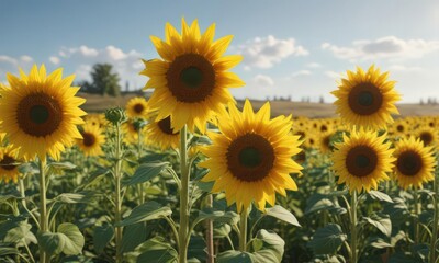 Vibrant yellow sunflowers in a vast field, sunny day,  bloom,  joyful