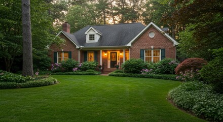 Brick home nestled in landscaped yard at twilight