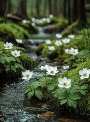 White flowers bloom along a tranquil forest stream, nestled in mossy banks