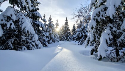 Fototapeta premium Sunlit winter path through snow-covered pine forest. Serene snowy landscape.