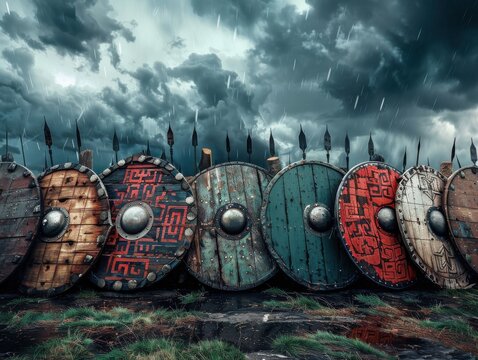 Viking shield wall formation battle ready poses, stormy nordic backdrop, detailed historical weapons dramatic lighting watermark.