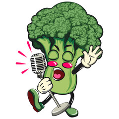 Cute broccoli vegatable vektor illustration mascot character singing with maximum style, work of hand drawn