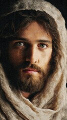 Portrait of Christ made in cross stitch, colored threads on a fabric