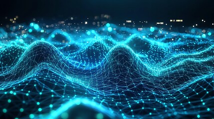 A futuristic three dimensional crypto data visualization with glowing blue wireframe waves, polygonal networks, and interconnected ai driven blockchain analytics – high-quality AI image