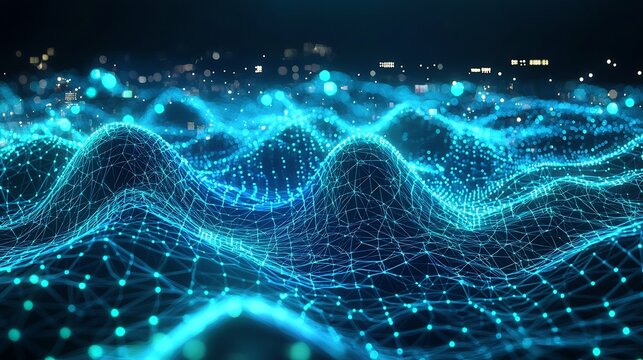 A futuristic three dimensional crypto data visualization with glowing blue wireframe waves, polygonal networks, and interconnected ai driven blockchain analytics – high-quality AI image - Powered by Adobe