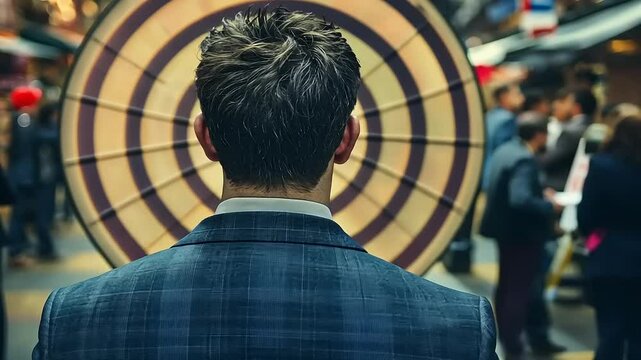 Man in a suit gazing at a dartboard in a lively market, with people bustling in the background