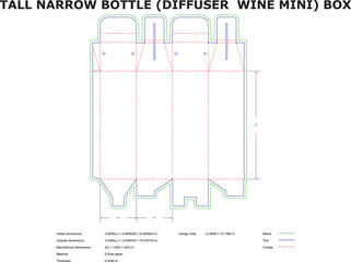 Detailed vector blueprint of a tall narrow bottle box packaging design with dimensions ideal for product mockups and templates
