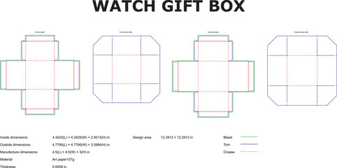 Detailed technical diagrams of watch gift box templates showing dimensions bleed trim and crease lines for manufacturing.