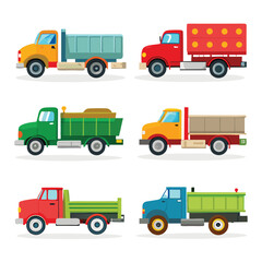 Six classic flatbed transport isolated on white background