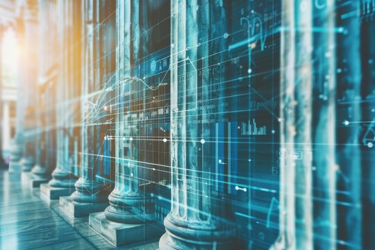 Ancient pillars meet financial graphs, stability in flux. Secure vault imagery, banking's modern organized composition signature.