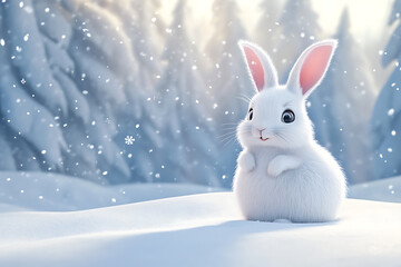 Cute fluffy white rabbit in a snowy forest, surrounded by falling snowflakes, evoking winter joy