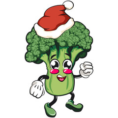 Cute broccoli vegatable vektor illustration mascot character walking while wearing a santa hat, work of hand drawn