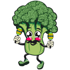 Cute broccoli vegatable vektor illustration mascot character with moustache playing maracas, work of hand drawn