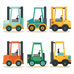 Six classic forklift transport isolated on white background