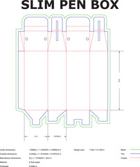 Detailed vector layout of a slim pen box packaging design with dimensions for manufacturing and assembly specifications