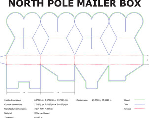 Detailed technical drawing featuring precise dimensions and specifications for a north pole themed heart shaped mailer box packaging design