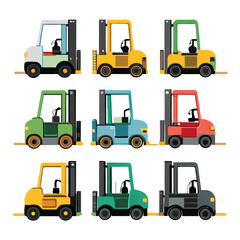 Six classic forklift transport isolated on white background